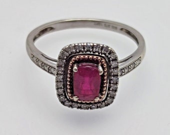 9ct Gold Ring Ruby & 0.15ct Diamonds Gemstones UK Ring Size N - Silver on Gold