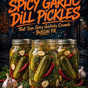 Op de afbeelding: Drie glazen potten gevuld met groene augurken, knoflookteentjes, rode chilipepers en dille in pekel. De tekst luidt: BUSSIN SPICY GARLIC DILL PICKLES, That Sooo Spicy Garlicky Crunch - BUSSIN FR, HAND-CRAFTED, FERMENTED 72HR, SMALL BATCH, STREET FOOD, LOCALLY MADE, HOT & CRUNCHY, BUSSIN FR.