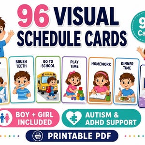 May include: A set of 96 visual schedule cards featuring cartoon illustrations of children performing daily tasks like waking up, brushing teeth, going to school, playing, doing homework, eating dinner, and sleeping. Includes text labels and printable PDF.