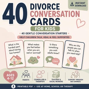 May include: A set of 40 divorce conversation cards for children featuring gentle prompts to help kids talk, heal, and feel supported. The cards include illustrations of houses, clouds, and hearts, with text for ages 4-12, parents, and professionals.