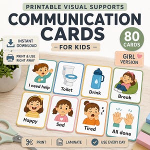 May include: A set of 80 printable communication cards for kids featuring illustrations and text labels such as I need help, Toilet, Drink, Break, Happy, Sad, Tired, and All done. The cards have colorful borders and depict various daily activities.