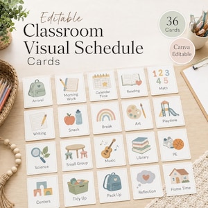 May include: A set of 36 editable classroom visual schedule cards featuring illustrations for activities like arrival, math, reading, art, and playtime. Each square card displays a soft-colored icon and text label for daily school routines.