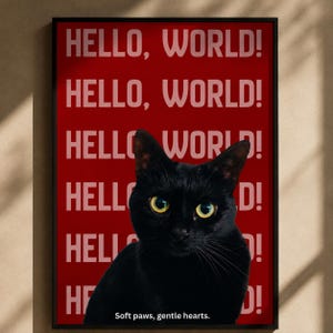 Printbare muurdecoratie met zwarte kat, "Hello World" poster voor programmeurs, moderne kantoordecoratie