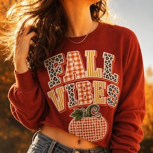 Könnte beinhalten: Ein rostfarbenes Langarm-Sweatshirt mit dem Schriftzug FALL VIBES in Blockbuchstaben, kombiniert mit orangefarbenem Vichy-Muster, gelben Streifen und Leopardenmuster. Unter dem Text befindet sich eine Grafik eines Kürbisses mit Hahnentrittmuster.