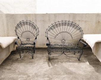 Vintage Peacock Wrought Iron Loveseat Chair Set, Attributed to Salterini, Garden Patio Furniture