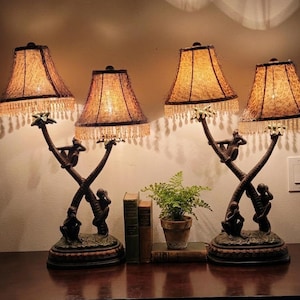 Pair Three Wise Monkeys Table Lamps Hear See Speak No Evil Leopard Shades Hollywood Regency