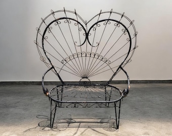 Vintage Heart Peacock Wrought Iron Loveseat, Attributed to Salterini, Garden Settee