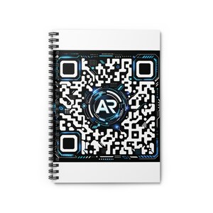 May include: A spiral-bound notebook featuring a black and white QR code design on the cover. The center of the graphic displays a circular blue and white digital interface element with the letters AR printed in a bold, white sans-serif font.
