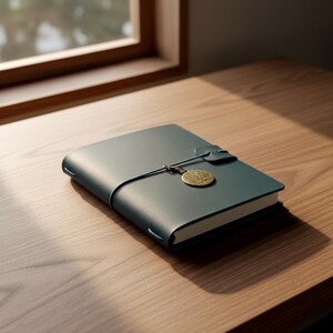 Peut inclure: Un carnet à couverture en cuir bleu sarcelle foncé avec une surface lisse, maintenu par un fin cordon élastique sombre. Une breloque métallique ronde de couleur laiton représentant un arbre détaillé est fixée au cordon.