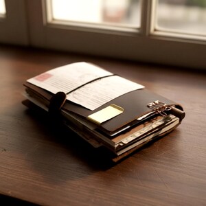 Peut inclure: Une couverture de carnet en cuir marron foncé contenant plusieurs inserts en papier et documents. La couverture est maintenue par un élastique noir et comporte un clip en métal doré sur le bord avant, ainsi qu'une pince à dessin en métal cuivré.