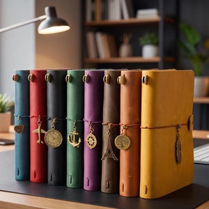 Peut inclure: Une rangée de huit carnets en cuir verticaux de couleurs bleu, rouge, noir, vert, violet, marron, beige et jaune. Chaque carnet est maintenu par un élastique assorti orné d'une breloque en métal, dont un cœur, un avion, une horloge, une ancre, une boussole, la tour Eiffel, un arbre et une plume.