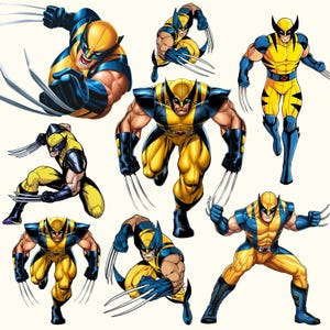 May include: A collection of seven illustrations of the comic book character Wolverine in a yellow and blue costume. Each figure displays the character in various dynamic action poses, featuring signature metallic claws extending from the hands.
