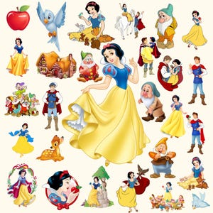Könnte beinhalten: Eine Sammlung digitaler Illustrationen mit Schneewittchen, den sieben Zwergen, dem Prinzen, einem Häuschen, einem Reh und einem roten Apfel. Die Figuren sind in verschiedenen Posen dargestellt und tragen ihre ikonischen blau-gelb-roten Outfits.