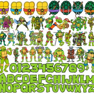 May include: A collection of Teenage Mutant Ninja Turtles graphic stickers featuring various character poses, weapons, pizza, and turtle shells. Includes a full set of numbers from 0 to 9 and the complete alphabet from A to Z in a bold, green, cartoon-style font.