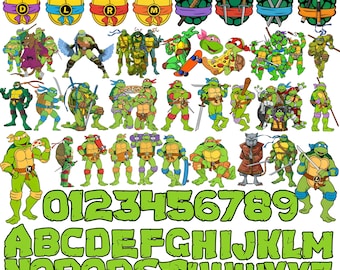 Pacchetto PNG delle Tartarughe Ninja, oltre 100 immagini PNG, alfabeto e numeri, decorazioni per compleanno, adesivi, download digitale