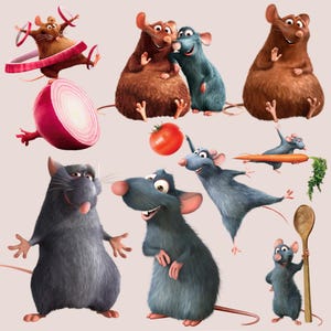 May include: A collection of animated rat characters in various poses, including one balancing on a red onion, others interacting with a tomato, a carrot, and a wooden spoon. The rats are depicted in shades of brown and blue with expressive faces.