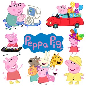 May include: A collection of Peppa Pig character illustrations including Daddy Pig at a computer, driving a red car with gifts, Peppa playing a keyboard, wearing a fruit hat, and various friends. The blue Peppa Pig logo is centred in the image.