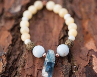 Blue Kyanite, Angelite Bracelet, Colorado Blue Lake Inspired, Yellow Calcite, Lava Stone & Mother of Pearl Jewelry