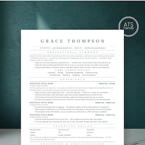 May include: A professional resume template document featuring the name Grace Thompson at the top, followed by sections for professional summary, core competencies, experience, and technical skills, with an ATS Friendly badge in the corner.