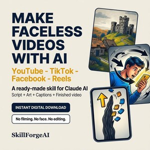 May include: A digital graphic featuring the text MAKE FACELESS VIDEOS WITH AI, YouTube - TikTok - Facebook - Reels, A ready-made skill for Claude AI, Script + Art + Captions + Finished video, INSTANT DIGITAL DOWNLOAD, No filming. No face. No editing. SkillForgeAI.