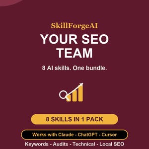 May include: A maroon digital graphic featuring the text SkillForgeAI YOUR SEO TEAM 8 AI skills. One bundle. It includes a yellow bar graph icon with an upward arrow, a button labeled 8 SKILLS IN 1 PACK, and text listing AI tools and SEO services.