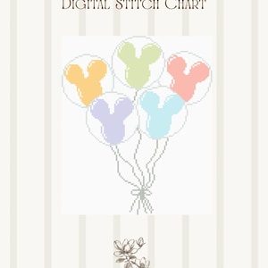 May include: A digital stitch chart featuring a pixel art illustration of five balloons, each containing a pastel-colored mouse-shaped silhouette in yellow, green, pink, purple, and blue. The text reads Digital Stitch Chart and Magnolia Stitch House Est. 2026.