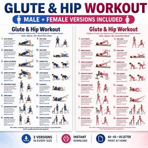 Printable Glute & Hip Workout Chart, Lower Body Exercise for Women, Leg and Booty Home Gym Workout Poster, Fitness Wall Chart PDF