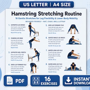 Può includere: Un poster digitale intitolato Hamstring Stretching Routine con opzioni di formato US Letter e A4. Include 16 esercizi per la flessibilità delle gambe e la mobilità della parte inferiore del corpo, illustrati con figure in maglia blu e jeans.