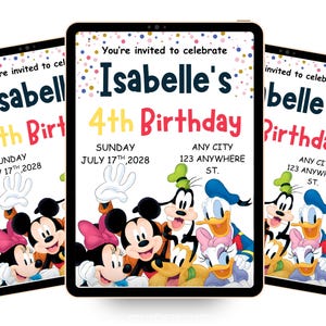 May include: A digital birthday invitation template featuring colorful confetti, the text 'You're invited to celebrate Isabelle's 4th Birthday', and illustrations of Mickey Mouse, Minnie Mouse, Goofy, Donald Duck, Daisy Duck, and Pluto.