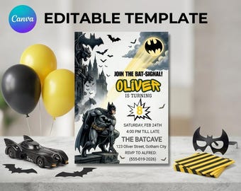 Invito di compleanno di Batman, Invito per la festa di compleanno di Batman, Compleanno di un bambino supereroe, Festa a Gotham City, Modificabile, Modello digitale Canva
