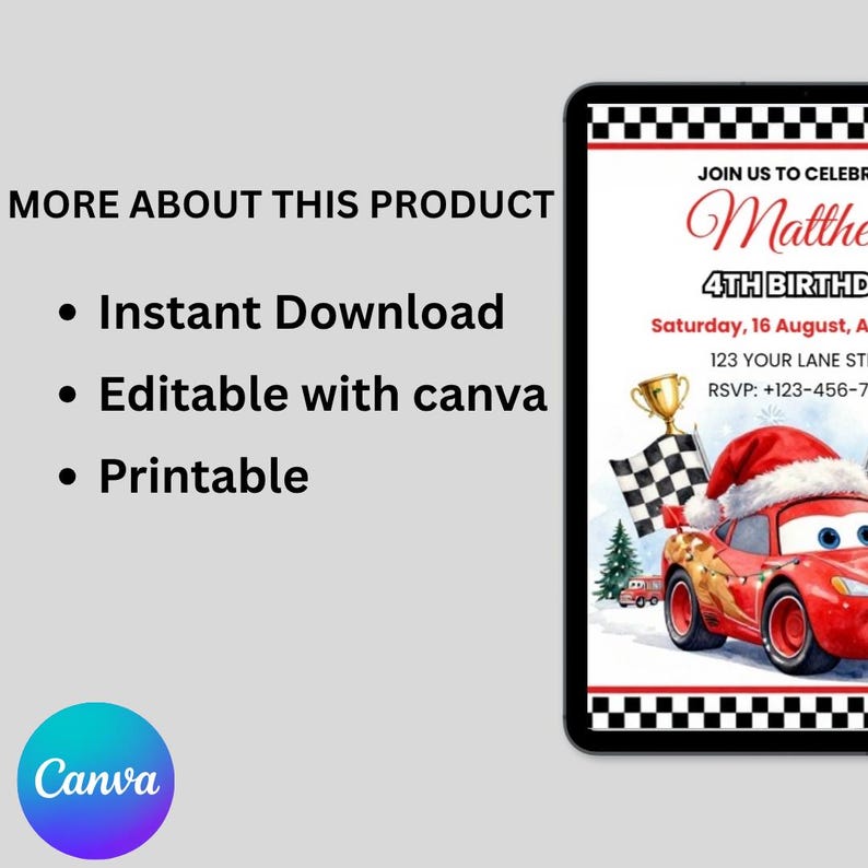 Lightning Mcqueen Birthday Invitation, Christmas Cars Party Invite ...