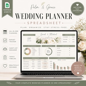 May include: A digital wedding planner spreadsheet displayed on a laptop screen, featuring sections for budget tracking, guest lists, and task management. The interface uses a sage green and white colour palette with text including Palm & Grace.