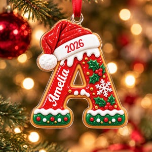 Personalized Christmas Ornament 2026 | Elf Boots Santa Hat Initial Ornament with Name | Red Letter Ornament | Kids Dated Keepsake