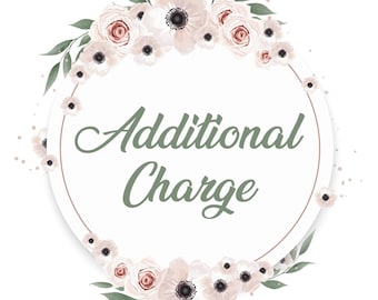 May include: A circular graphic featuring the text Additional Charge in a sage green script font, framed by a wreath of pale pink and white flowers with dark centers and green leaves, set against a clean white background for clear visibility.