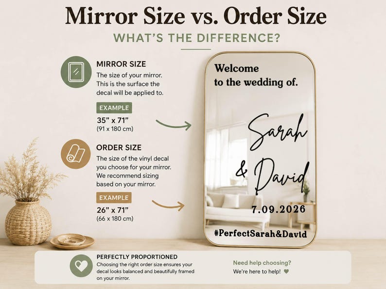 May include: An informational graphic explaining mirror size versus order size for vinyl decals. It features a rectangular mirror with gold trim displaying the text: Welcome to the wedding of, Sarah & David, 7.09.2026, and #PerfectSarah&David.