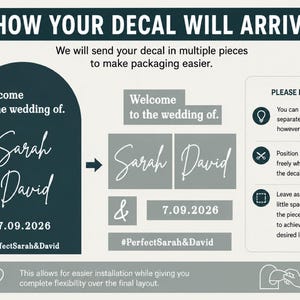 May include: A dark teal arch-shaped wedding decal featuring the white text Welcome to the wedding of, Sarah & David, 7.09.2026, and #PerfectSarah&David. The graphic shows the decal separated into individual pieces for custom application.
