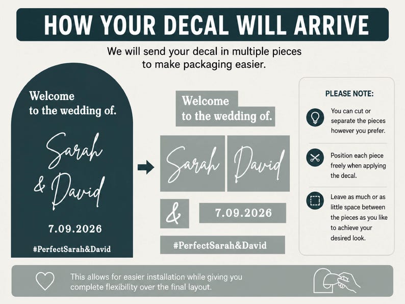 May include: A dark teal arch-shaped wedding decal featuring the white text Welcome to the wedding of, Sarah & David, 7.09.2026, and #PerfectSarah&David. The graphic shows the decal separated into individual pieces for custom application.