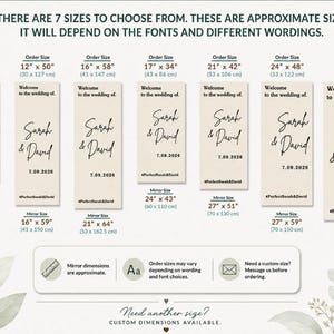May include: A chart displaying seven vertical wedding welcome signs in beige with black text reading Welcome to the wedding of, Sarah & David, 7.09.2026, and #PerfectSarah&David. Sizes range from 12 x 26 inches to 30 x 61 inches with mirror sizes listed below.