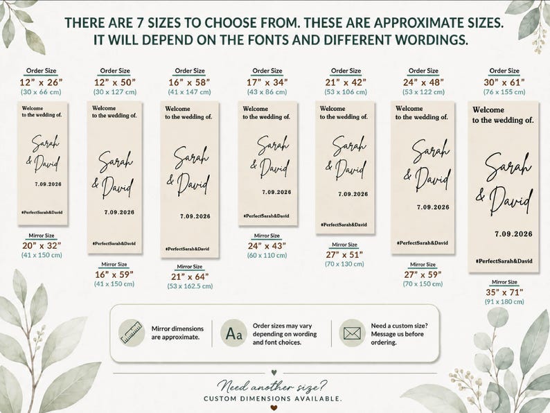 May include: A chart displaying seven vertical wedding welcome signs in beige with black text reading Welcome to the wedding of, Sarah & David, 7.09.2026, and #PerfectSarah&David. Sizes range from 12 x 26 inches to 30 x 61 inches with mirror sizes listed below.