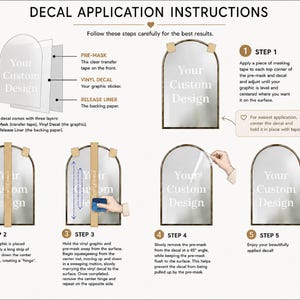 May include: An instructional graphic titled DECAL APPLICATION INSTRUCTIONS detailing five steps for applying a vinyl decal to an arched mirror. It illustrates the three layers of the decal, the hinge method using masking tape, and the squeegee technique.