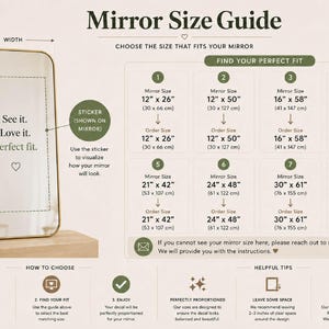 May include: A mirror size guide infographic featuring a rectangular mirror with a sticker reading See it. Love it. Perfect fit. A table lists eight mirror sizes in inches and centimeters, alongside instructions on how to measure and choose the correct size.