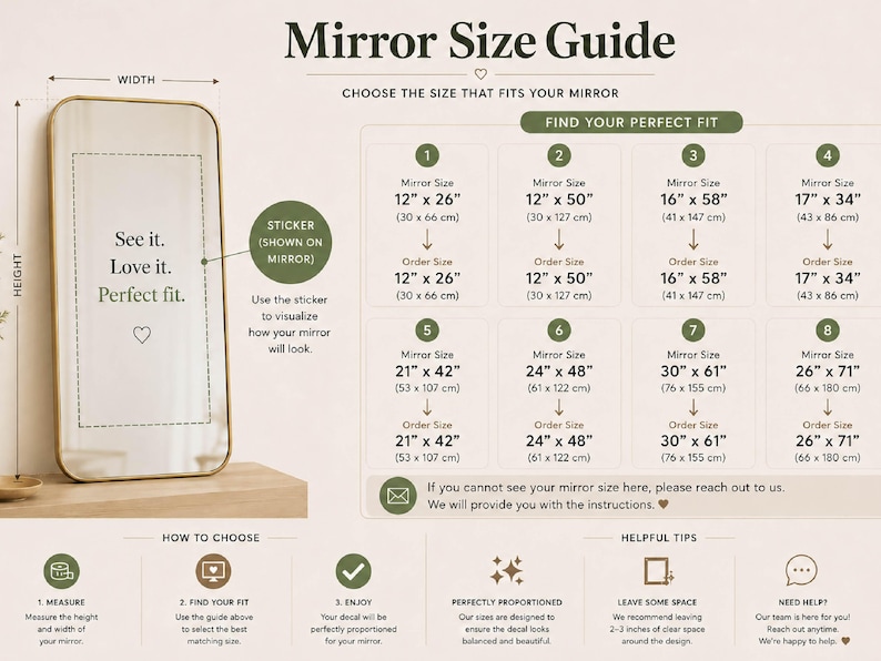 May include: A mirror size guide infographic featuring a rectangular mirror with a sticker reading See it. Love it. Perfect fit. A table lists eight mirror sizes in inches and centimeters, alongside instructions on how to measure and choose the correct size.