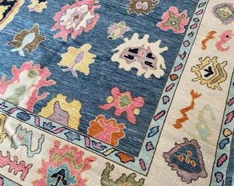 Hand Knotted Oushak Rug, Blue Wool Area Rug, Turkish Style Carpet, Floral Bohemian Rug for Living Room, Handmade Wool Carpet, Boho Decor