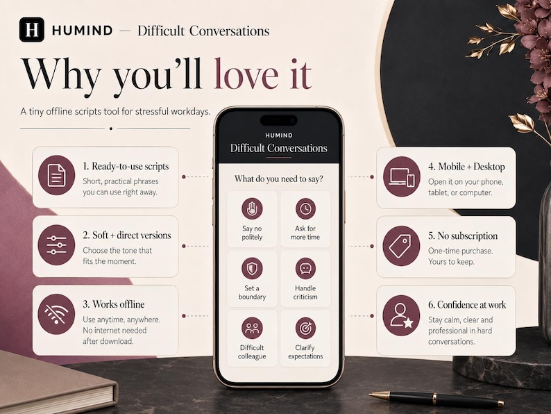 May include: A smartphone displaying the Humind Difficult Conversations app interface, featuring six categories: Say no politely, Ask for more time, Set a boundary, Handle criticism, Difficult colleague, and Clarify expectations, with six surrounding text boxes.