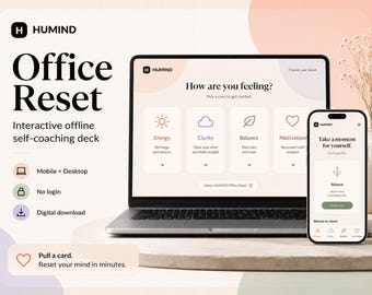 HUMIND Office Reset - Interactive Offline Self-Coaching Deck - Work Stress Relief Cards - Digital Download for Mobile Desktop