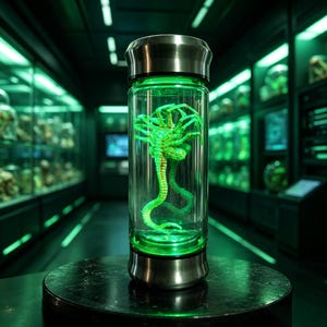 May include: A cylindrical glass specimen container with metallic silver caps at the top and bottom, illuminated by a vibrant green light. Inside the clear vessel, a multi-legged, pale green creature with a long, segmented tail is suspended.