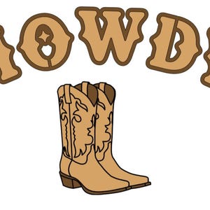 以下が含まれることがあります： ダークブラウンの縁取りが施された大きなベージュのブロック体で「HOWDY」という文字が描かれ、その下にダークブラウンの縁取りとシャフトに装飾的なステッチが施されたベージュのウエスタンブーツが描かれたグラフィックイラスト。