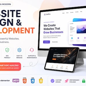 Könnte beinhalten: Eine digitale Marketinggrafik für Webdesign- und Entwicklungsdienste. Sie zeigt einen Computermonitor, ein Tablet und ein Smartphone mit Web-Interfaces. Der Text umfasst 'WEBSITE DESIGN & DEVELOPMENT' und 'We Create Websites That Grow Businesses'.