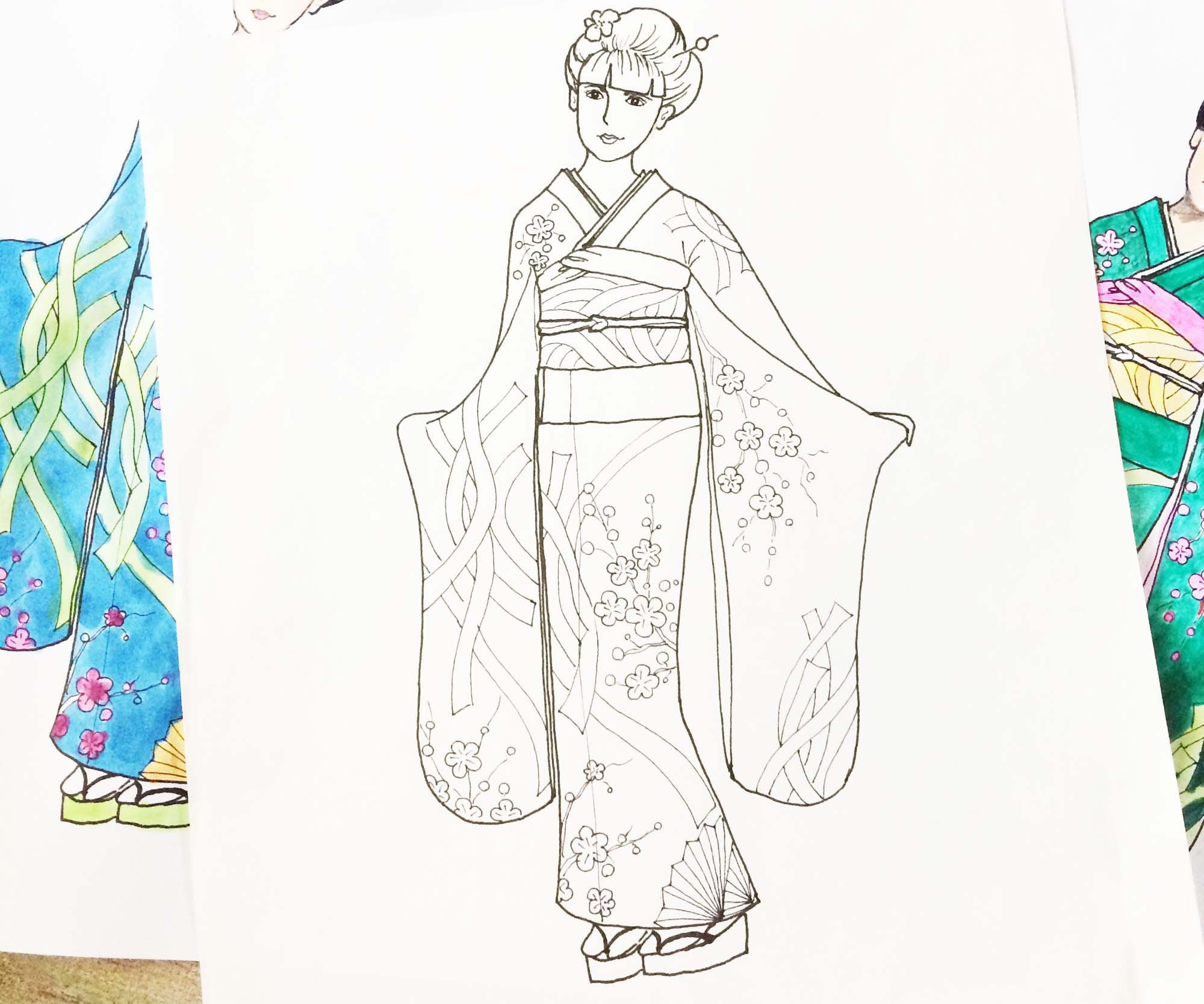 Kimono coloring black and white image traditional kimono | Etsy