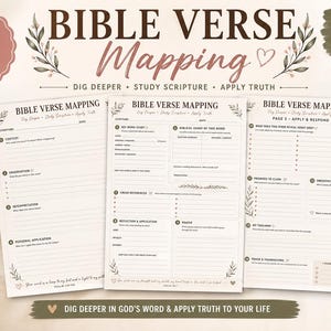 Puede incluir: Tres páginas de hojas de estudio Bible Verse Mapping con texto negro sobre fondo blanco. Las hojas incluyen secciones para escrituras, observación, interpretación, aplicación personal, referencias cruzadas, reflexión, oración y alabanza y acción de gracias.
